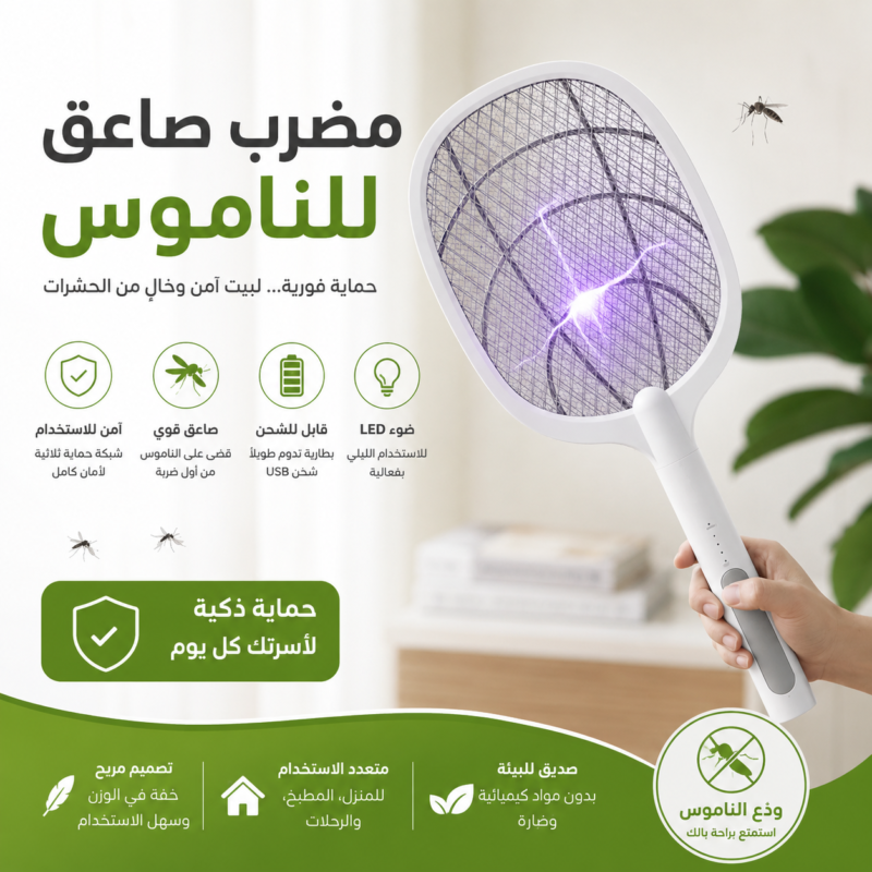 مضرب بعوض كهربائي قابل لإعادة الشحن  - مبيد حشرات فعال وآمن للمنزلوس