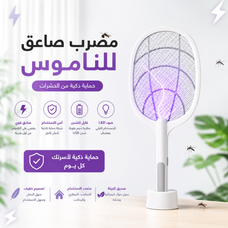 مضرب بعوض كهربائي قابل لإعادة الشحن  - مبيد حشرات فعال وآمن للمنزلوس